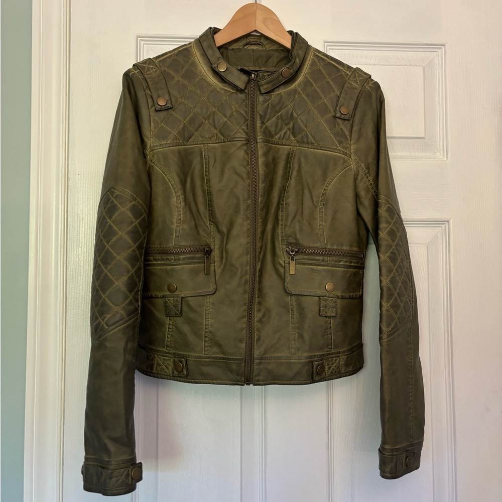 Blanc Noir | Faux-Leather Olive Green Moto-Style Jacket | Size M